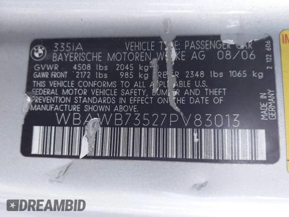 ✅ 2007 BMW 3 Series 335i • VIN: WBAWB73527PV83013 • Lot: 43576728. Listed on IAAI with Not provided. Free auction sales archive from the USA and detailed vehicle history report at DreamBid. Image 9.