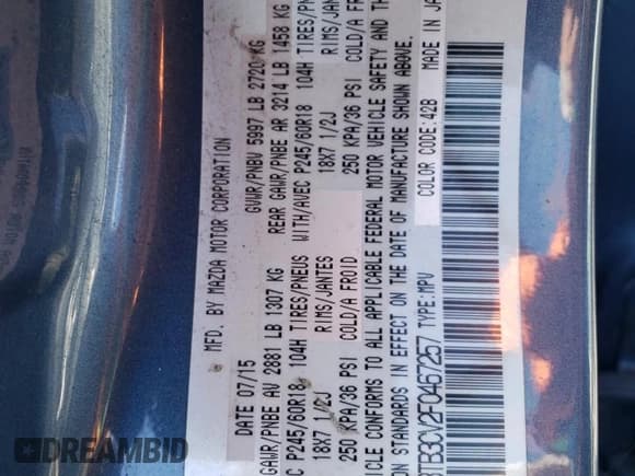 ✅ 2015 Mazda CX-9 Touring • VIN: JM3TB3CV2F0467257 • Lot: 75963914. Listed on Copart with 146,877 mi. Free auction sales archive from the USA and detailed vehicle history report at DreamBid. Image 12.