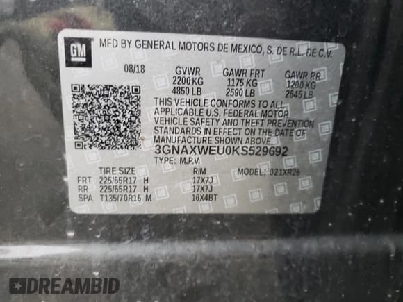 ✅ 2019 Chevrolet Equinox LT • VIN: 3GNAXWEU0KS529692 • Лот: 85702284. Опубликован ранее на Copart с пробегом 106 646 миль. Бесплатный доступ к архиву аукционных продаж из США и подробный отчёт об истории автомобиля на DreamBid. Изображение 13.