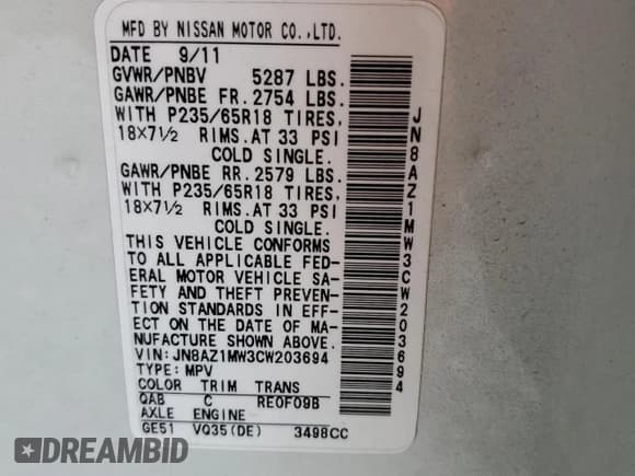 ✅ 2012 Nissan Murano SV • VIN: JN8AZ1MW3CW203694 • Lot: 91187115. Wystawiony na Copart z przebiegiem 92 482 mil. Bezpłatny archiwum sprzedaży aukcyjnych z USA i szczegółowy raport historii pojazdu na DreamBid. Zdjęcie 12.