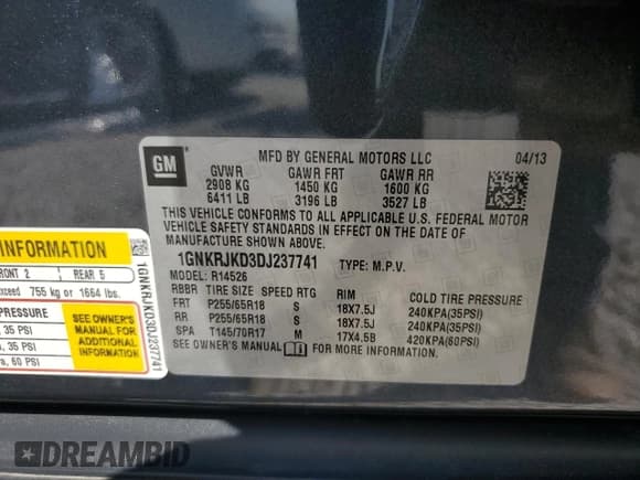 ✅ 2013 Chevrolet Traverse LT • VIN: 1GNKRJKD3DJ237741 • Lot: 69913984. Wystawiony na Copart z przebiegiem 147 173 mil. Bezpłatny archiwum sprzedaży aukcyjnych z USA i szczegółowy raport historii pojazdu na DreamBid. Zdjęcie 14.