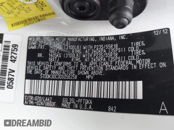 ✅ 2013 Toyota Sienna XLE • VIN: 5TDDK3DC3DS056258 • Lot: 42801297. Listed on IAAI with Not provided. Free auction sales archive from the USA and detailed vehicle history report at DreamBid. Image 9.