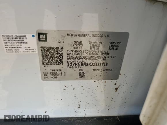 ✅ 2018 Cadillac XT5 AWD • VIN: 1GYKNBRSXJZ183716 • Lot: 62062595. Listed on Copart with 93,152 mi. Free auction sales archive from the USA and detailed vehicle history report at DreamBid. Image 13.