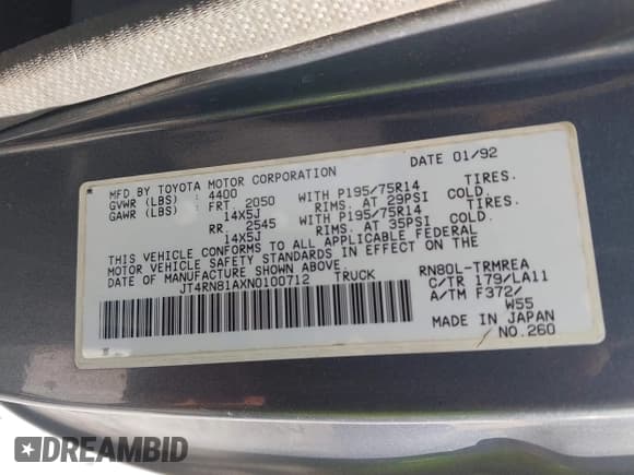 ✅ 1992 Toyota Pickup • VIN: JT4RN81AXN0100712 • Лот: 42016872. Опубликован ранее на IAAI с пробегом 124 997 миль. Бесплатный доступ к архиву аукционных продаж из США и подробный отчёт об истории автомобиля на DreamBid. Изображение 9.