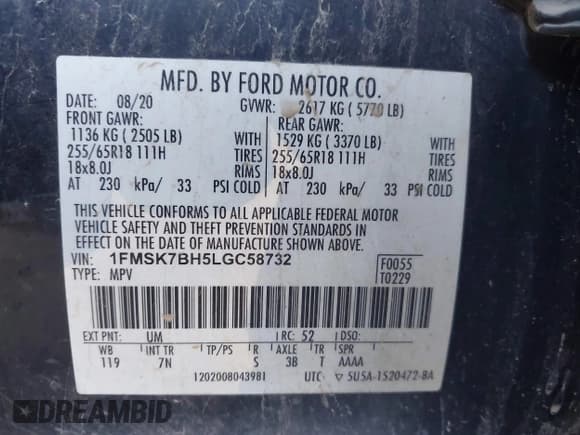 ✅ 2020 Ford Explorer • VIN: 1FMSK7BH5LGC58732 • Lot: 43548050. Wystawiony na IAAI z przebiegiem 90 734 mil. Bezpłatny archiwum sprzedaży aukcyjnych z USA i szczegółowy raport historii pojazdu na DreamBid. Zdjęcie 9.