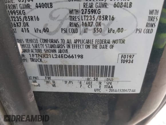 ✅ 2004 Ford F-250 XL • VIN: 1FTNX21L24ED66198 • Lot: 42417179. Listed on IAAI with 197,403 mi. Free auction sales archive from the USA and detailed vehicle history report at DreamBid. Image 9.