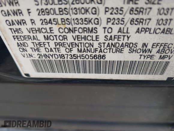 ✅ 2005 Acura MDX Touring • VIN: 2HNYD18735H505686 • Lot: 43567432. Listed on IAAI with 257,538 mi. Free auction sales archive from the USA and detailed vehicle history report at DreamBid. Image 9.