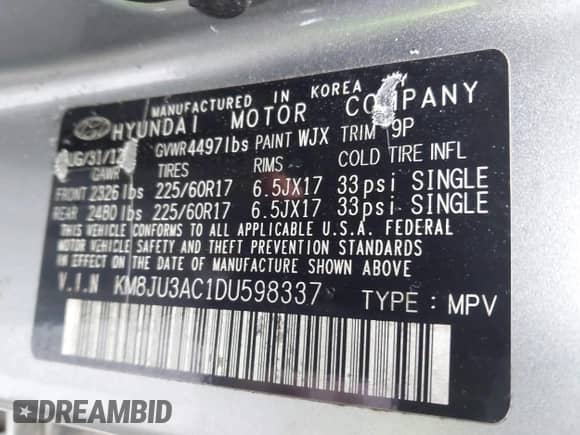 2013 Hyundai Tucson GLS with VIN KM8JU3AC1DU598337, listed as a IAAI auction lot 43555496 with 195,348 mi miles and . Bid and sale history available at DreamBid. Image 9.