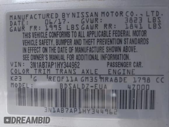 ✅ 2017 Nissan Sentra SV • VIN: 3N1AB7AP1HY344962 • Лот: 43560614. Опубликован ранее на IAAI с пробегом 171 295 миль. Бесплатный доступ к архиву аукционных продаж из США и подробный отчёт об истории автомобиля на DreamBid. Изображение 9.