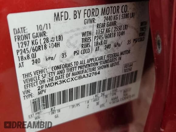 ✅ 2012 Ford Edge Limited • VIN: 2FMDK3KCXCBA32764 • Lot: 82281525. Listed on Copart with 225,265 mi. Free auction sales archive from the USA and detailed vehicle history report at DreamBid. Image 13.