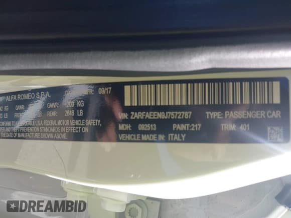 ✅ 2018 Alfa Romeo Giulia Ti Sport • VIN: ZARFAEEN9J7572787 • Лот: 41646814. Опубликован ранее на IAAI с пробегом 56 094 миль. Бесплатный доступ к архиву аукционных продаж из США и подробный отчёт об истории автомобиля на DreamBid. Изображение 9.