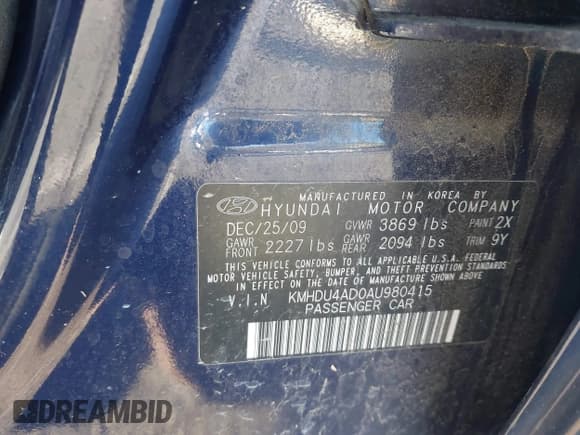 ✅ 2010 Hyundai Elantra SE • VIN: KMHDU4AD0AU980415 • Lot: 43457509. Listed on IAAI with 190,525 mi. Free auction sales archive from the USA and detailed vehicle history report at DreamBid. Image 9.