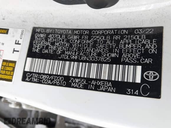 2022 Toyota Prius LE with VIN JTDL9MFU8N3037825, listed as a IAAI auction lot 43398992 with 189,228 mi miles and . Bid and sale history available at DreamBid. Image 9.