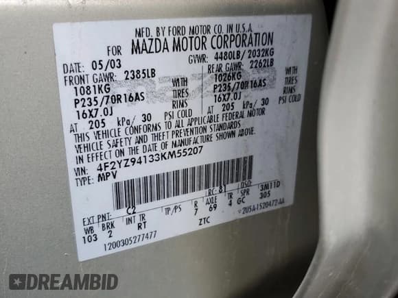✅ 2003 Mazda Tribute LX • VIN: 4F2YZ94133KM55207 • Lot: 71246935. Wystawiony na Copart z przebiegiem 120 952 mil. Bezpłatny archiwum sprzedaży aukcyjnych z USA i szczegółowy raport historii pojazdu na DreamBid. Zdjęcie 12.