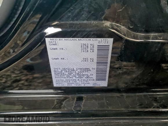 ✅ 2023 Nissan Altima SV • VIN: 1N4BL4DV4PN426208 • Lot: 94099955. Listed on Copart with 56,519 mi. Free auction sales archive from the USA and detailed vehicle history report at DreamBid. Image 12.