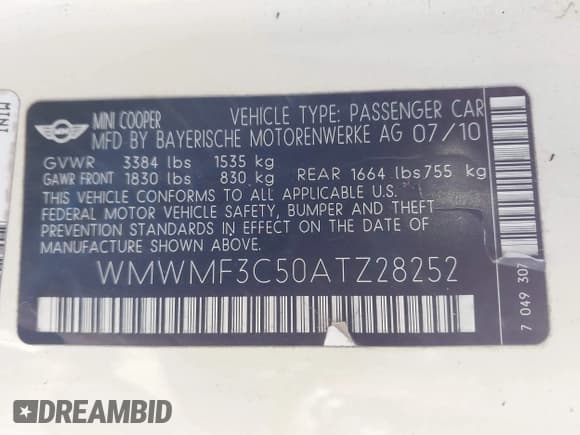 ✅ 2010 MINI Hardtop • VIN: WMWMF3C50ATZ28252 • Lot: 43392907. Listed on IAAI with 113,883 mi. Free auction sales archive from the USA and detailed vehicle history report at DreamBid. Image 9.