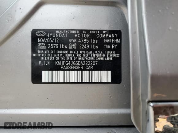 ✅ 2013 Hyundai Azera • VIN: KMHFG4JG6DA222207 • Лот: 46831495. Опубликован ранее на Copart с пробегом 68 234 миль. Бесплатный доступ к архиву аукционных продаж из США и подробный отчёт об истории автомобиля на DreamBid. Изображение 12.