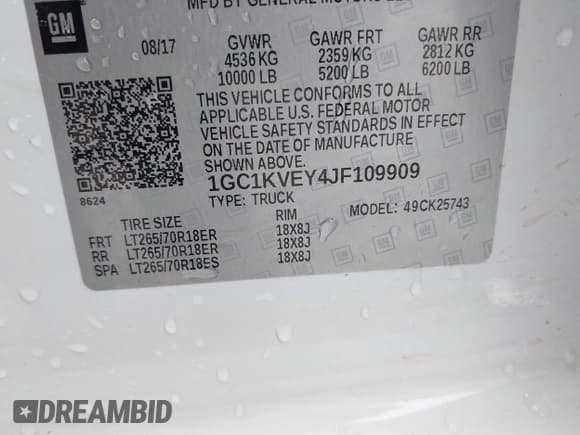 ✅ 2018 Chevrolet Silverado 2500HD LT • VIN: 1GC1KVEY4JF109909 • Lot: 40950620. Listed on IAAI with 265,894 mi. Free auction sales archive from the USA and detailed vehicle history report at DreamBid. Image 9.