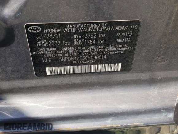 2012 Hyundai Elantra Limited with VIN 5NPDH4AE3CH090814, listed as a Copart auction lot 85835315 with 125,854 mi miles and Salvage title. Bid and sale history available at DreamBid. Image 12.