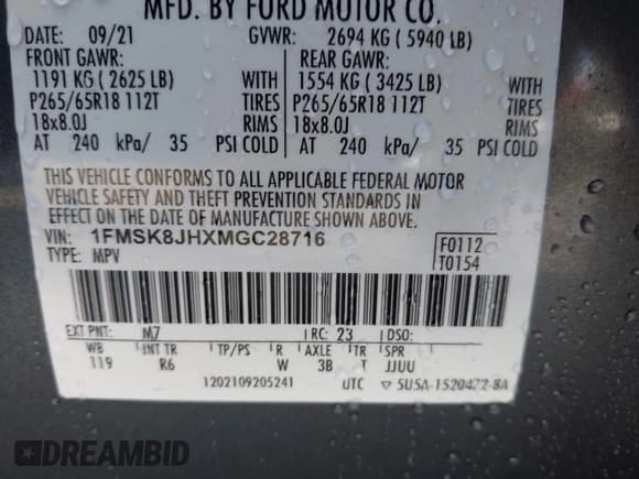 ✅ 2021 Ford Explorer Timberline • VIN: 1FMSK8JHXMGC28716 • Лот: 43501062. Опубликован ранее на IAAI с пробегом 111 713 миль. Бесплатный доступ к архиву аукционных продаж из США и подробный отчёт об истории автомобиля на DreamBid. Изображение 9.