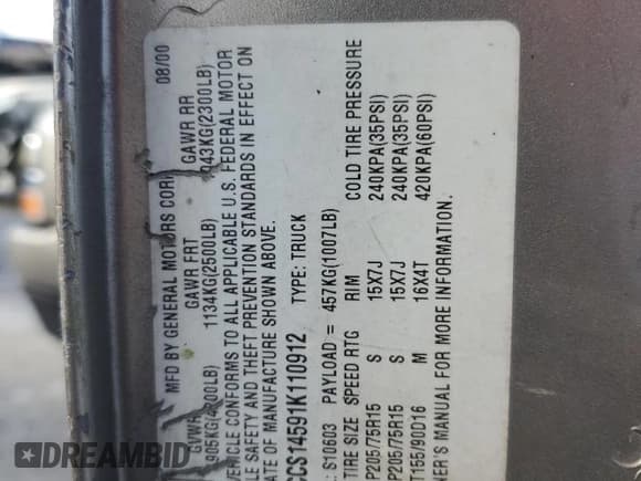 ✅ 2001 Chevrolet S-10 • VIN: 1GCCS14591K110912 • Лот: 86853354. Опубликован ранее на Copart с пробегом 289 667 миль. Бесплатный доступ к архиву аукционных продаж из США и подробный отчёт об истории автомобиля на DreamBid. Изображение 12.