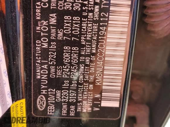 2012 Hyundai Veracruz Limited with VIN KM8NU4CC2CU194112, listed as a Copart auction lot 80082734 with 199,458 mi miles and Salvage title. Bid and sale history available at DreamBid. Image 13.