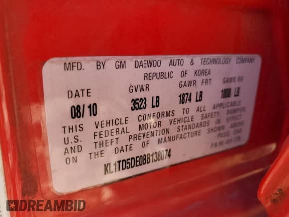 2011 Chevrolet Aveo 1LT with VIN KL1TD5DE0BB138074, listed as a Copart auction lot 79653664 with Not provided miles and Non repairable. Bid and sale history available at DreamBid. Image 12.