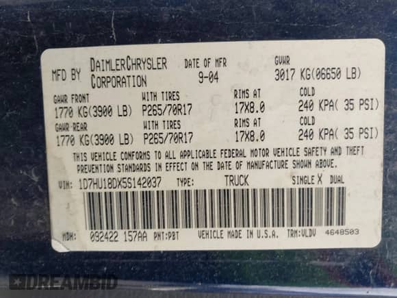 2005 Dodge 1500 SLT z VIN 1D7HU18DX5S142037, wystawiony jako IAAI lot #43557449 z przebiegiem 207 278 mil mil oraz . Historia ofert i sprzedaży dostępna na DreamBid. Obrazek 9.