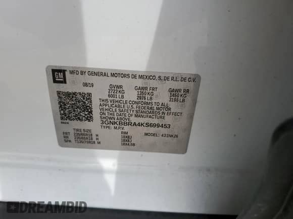 2019 Chevrolet Blazer with VIN 3GNKBBRA4KS699453, listed as a Copart auction lot 67201754 with 60,576 mi miles and Salvage title. Bid and sale history available at DreamBid. Image 16.