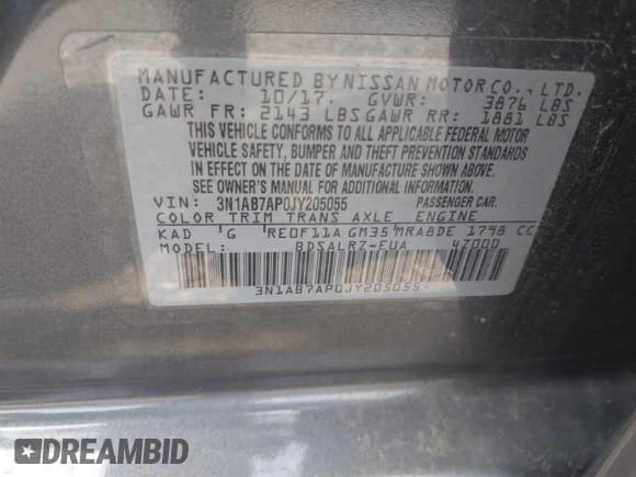 ✅ 2018 Nissan Sentra S • VIN: 3N1AB7AP0JY205055 • Lot: 42796985. Listed on IAAI with 15,456 mi. Free auction sales archive from the USA and detailed vehicle history report at DreamBid. Image 9.