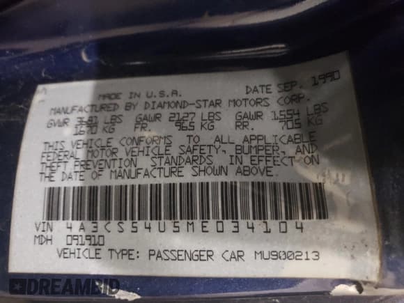 ✅ 1991 Mitsubishi Eclipse • VIN: 4A3CS54U5ME034104 • Lot: 82414954. Wystawiony na Copart z przebiegiem 474 141 mil. Bezpłatny archiwum sprzedaży aukcyjnych z USA i szczegółowy raport historii pojazdu na DreamBid. Zdjęcie 14.