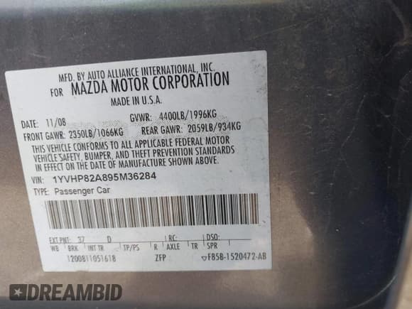 ✅ 2009 Mazda 6 i Touring • VIN: 1YVHP82A895M36284 • Лот: 42279453. Опубликован ранее на IAAI с пробегом 149 640 миль. Бесплатный доступ к архиву аукционных продаж из США и подробный отчёт об истории автомобиля на DreamBid. Изображение 9.
