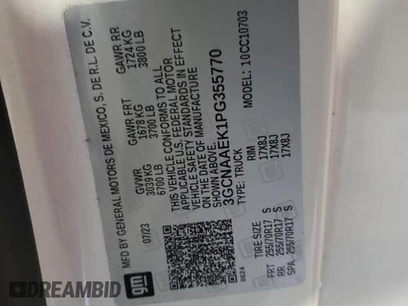 ✅ 2023 Chevrolet Silverado 1500 Work Truck • VIN: 3GCNAAEK1PG355770 • Lot: 69936635. Listed on Copart with 144,397 mi. Free auction sales archive from the USA and detailed vehicle history report at DreamBid. Image 12.