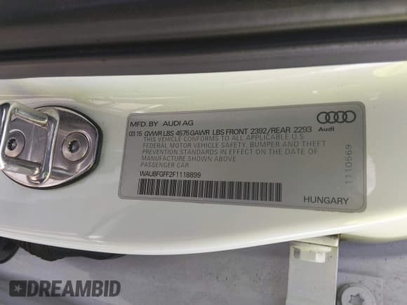 ✅ 2015 Audi A3 Premium • VIN: WAUBFGFF2F1118899 • Lot: 43925362. Listed on IAAI with 109,169 mi. Free auction sales archive from the USA and detailed vehicle history report at DreamBid. Image 9.