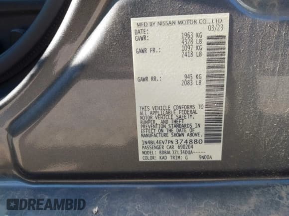 ✅ 2023 Nissan Altima SL • VIN: 1N4BL4EV7PN374880 • Lot: 42723656. Wystawiony na IAAI z przebiegiem 43 446 mil. Bezpłatny archiwum sprzedaży aukcyjnych z USA i szczegółowy raport historii pojazdu na DreamBid. Zdjęcie 9.