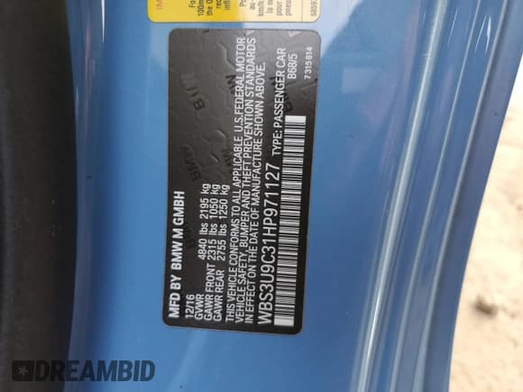 ✅ 2017 BMW M4 • VIN: WBS3U9C31HP971127 • Lot: 74494894. Listed on Copart with 65,387 mi. Free auction sales archive from the USA and detailed vehicle history report at DreamBid. Image 12.