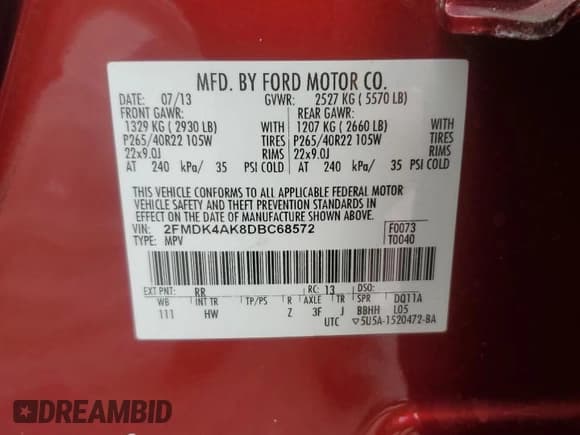 ✅ 2013 Ford Edge Sport • VIN: 2FMDK4AK8DBC68572 • Lot: 70632725. Listed on Copart with 193,408 mi. Free auction sales archive from the USA and detailed vehicle history report at DreamBid. Image 14.