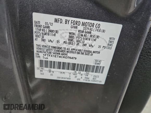 ✅ 2012 Ford F-150 XLT • VIN: 1FTFX1ET4CKD76479 • Lot: 94653965. Listed on Copart with 100,543 mi. Free auction sales archive from the USA and detailed vehicle history report at DreamBid. Image 12.