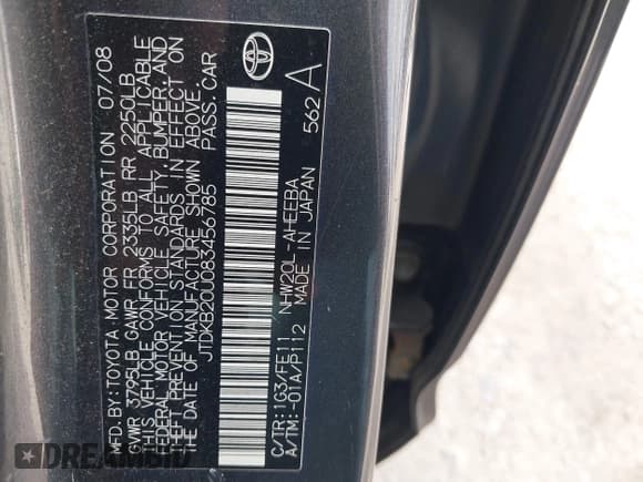 ✅ 2008 Toyota Prius • VIN: JTDKB20U083456785 • Lot: 43425362. Listed on IAAI with 121,686 mi. Free auction sales archive from the USA and detailed vehicle history report at DreamBid. Image 9.