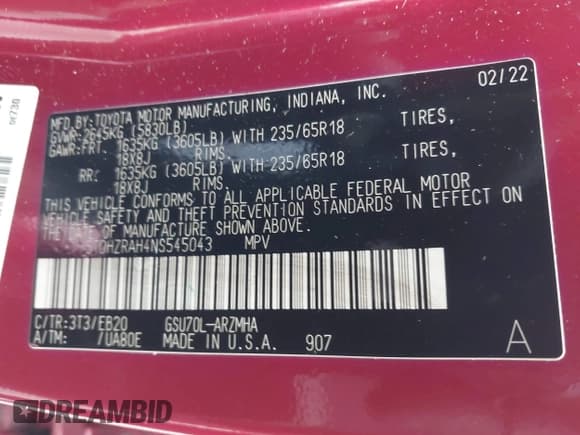 ✅ 2022 Toyota Highlander XLE • VIN: 5TDHZRAH4NS545043 • Лот: 43303425. Опубликован ранее на IAAI с пробегом 56 371 миль. Бесплатный доступ к архиву аукционных продаж из США и подробный отчёт об истории автомобиля на DreamBid. Изображение 9.