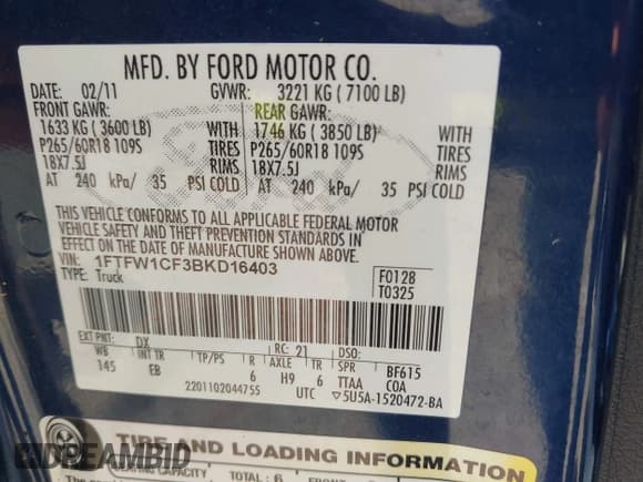 ✅ 2011 Ford F-150 XLT • VIN: 1FTFW1CF3BKD16403 • Lot: 42802116. Listed on IAAI with 109,221 mi. Free auction sales archive from the USA and detailed vehicle history report at DreamBid. Image 9.