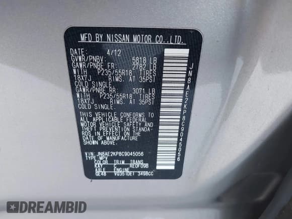 ✅ 2012 Nissan Quest S • VIN: JN8AE2KP8C9045056 • Lot: 39503638. Listed on IAAI with 162,582 mi. Free auction sales archive from the USA and detailed vehicle history report at DreamBid. Image 9.