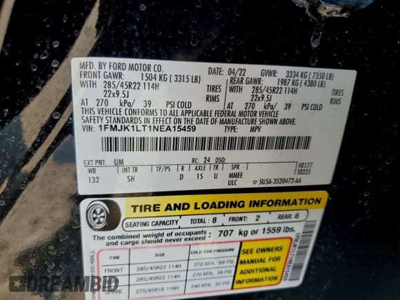 ✅ 2022 Ford Expedition Max Platinum • VIN: 1FMJK1LT1NEA15459 • Лот: 96985815. Опубликован ранее на Copart с пробегом 101 266 миль. Бесплатный доступ к архиву аукционных продаж из США и подробный отчёт об истории автомобиля на DreamBid. Изображение 13.