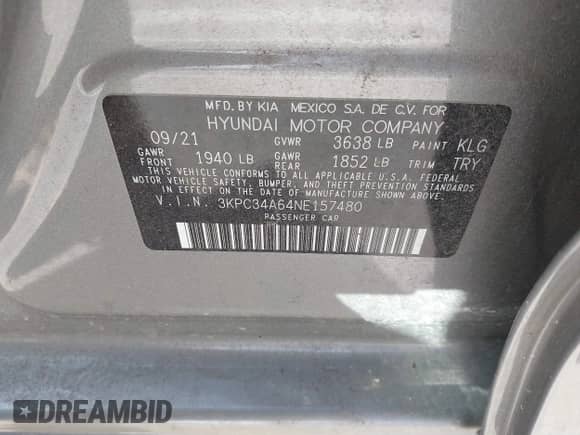 2022 Hyundai Accent Limited z VIN 3KPC34A64NE157480, wystawiony jako IAAI lot #41866049 z przebiegiem 12 909 mil mil oraz . Historia ofert i sprzedaży dostępna na DreamBid. Obrazek 9.