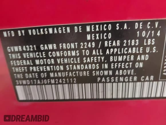 ✅ 2015 Volkswagen Jetta SE • VIN: 3VWD17AJ0FM242112 • Lot: 42217383. Listed on IAAI with 116,843 mi. Free auction sales archive from the USA and detailed vehicle history report at DreamBid. Image 9.