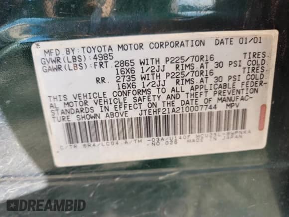 2001 Toyota Highlander z VIN JTEHF21A210007744, wystawiony jako Copart lot #81220365 z przebiegiem 200 753 mil mil oraz Czysty tytuł • Clean title. Historia ofert i sprzedaży dostępna na DreamBid. Obrazek 13.