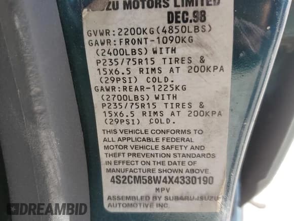 ✅ 1999 Isuzu Rodeo S • VIN: 4S2CM58W4X4330190 • Lot: 81996975. Wystawiony na Copart z przebiegiem 167 032 mil. Bezpłatny archiwum sprzedaży aukcyjnych z USA i szczegółowy raport historii pojazdu na DreamBid. Zdjęcie 13.