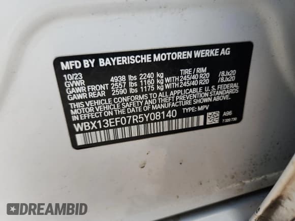 ✅ 2024 BMW X1 • VIN: WBX13EF07R5Y08140 • Lot: 80403965. Listed on Copart with 10,578 mi. Free auction sales archive from the USA and detailed vehicle history report at DreamBid. Image 13.