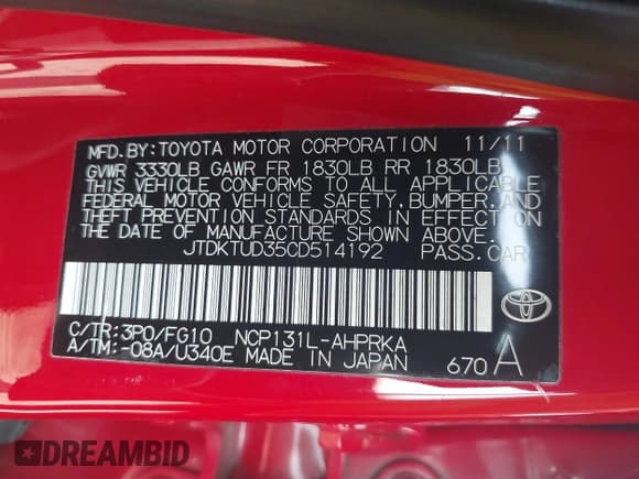 ✅ 2012 Toyota Yaris L • VIN: JTDKTUD35CD514192 • Lot: 43118141. Listed on IAAI with 98,508 mi. Free auction sales archive from the USA and detailed vehicle history report at DreamBid. Image 9.