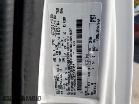 ✅ 2014 Ford Econoline Cargo Commercial • VIN: 1FTNE2EWXEDA36357 • Lot: 82403405. Listed on Copart with 242,626 mi. Free auction sales archive from the USA and detailed vehicle history report at DreamBid. Image 12.